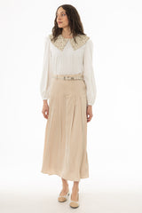 Tan Pleated Satin Maxi Skirt