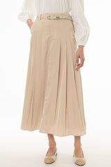 Tan Pleated Satin Maxi Skirt