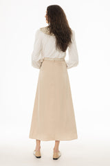 Tan Pleated Satin Maxi Skirt