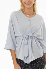 Light Blue 3/4 Sleeve Tie Blouse