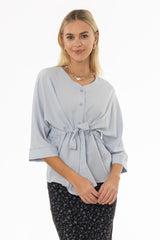 Light Blue 3/4 Sleeve Tie Blouse