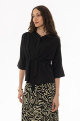Black 3/4 Sleeve Tie Blouse