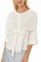 White 3/4 Sleeve Tie Blouse