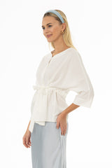 White 3/4 Sleeve Tie Blouse
