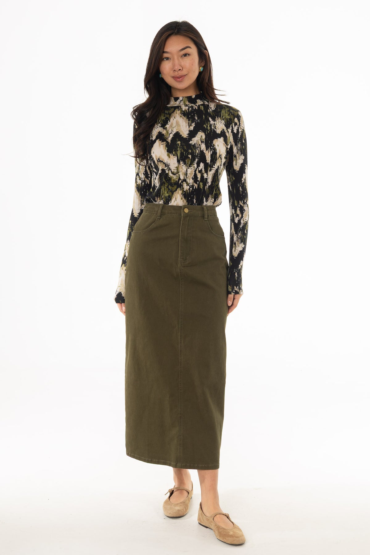 Cutoff Pencil Skirt オリーブ 36 Olive Stretch Basic Maxi Skirt – BLANK