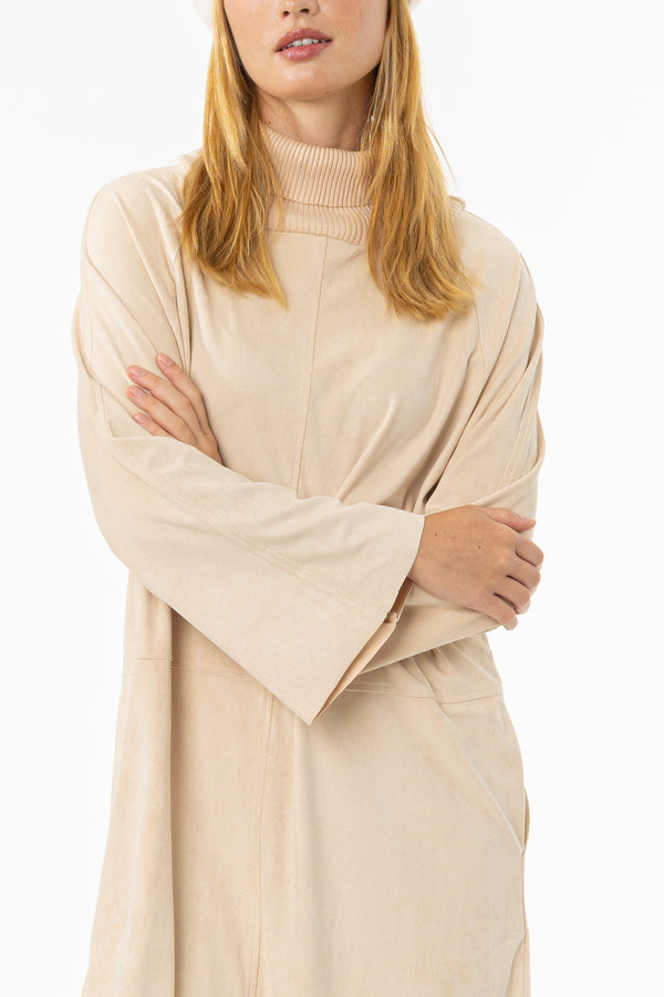 Cream Ribbed Turtleneck Microsuede Dress