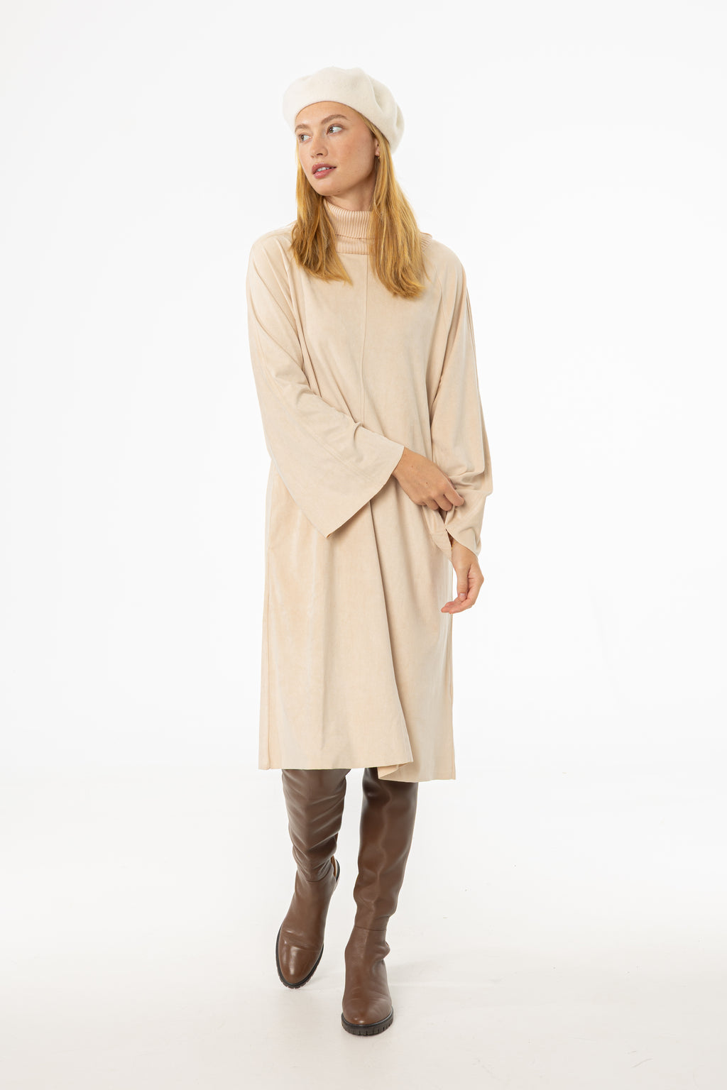 Cream Ribbed Turtleneck Microsuede Dress BLANK Cream Ribbed Turtleneck Microsuede Dress BLANK