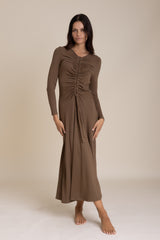 Olive Solid Ruched Dress