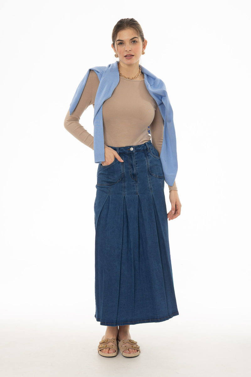 Blue Pocket Pleated Denim Skirt – BLANK
