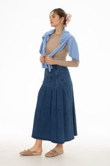 Blue Pocket Pleated Denim Skirt