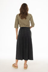 Black Pocket Pleated Denim Skirt