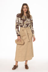 Tan Denim Belted A-Line Maxi Skirt