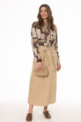 Tan Denim Belted A-Line Maxi Skirt