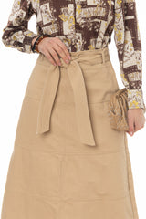 Tan Denim Belted A-Line Maxi Skirt