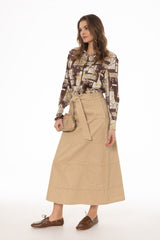 Tan Denim Belted A-Line Maxi Skirt