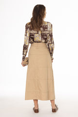 Tan Denim Belted A-Line Maxi Skirt