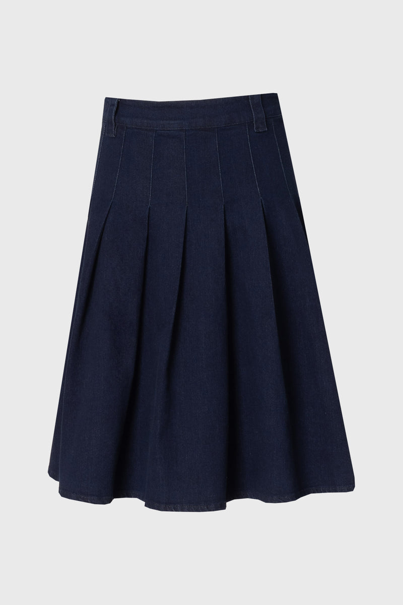 Dark Blue Pleated Denim Skirt