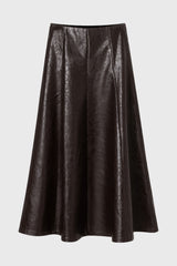 Brown Textured Faux Leather Midi Skirt