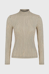 Cream Striped Mesh Mock Neck Top