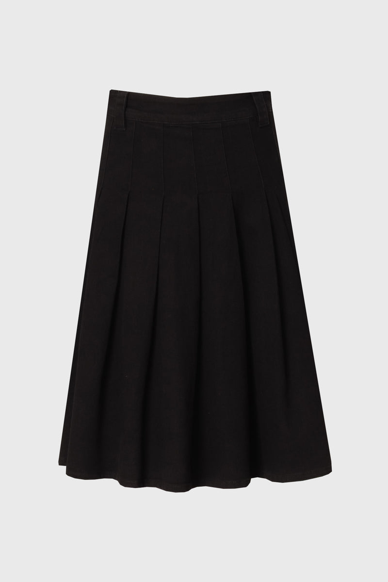 Black Pleated Denim Skirt