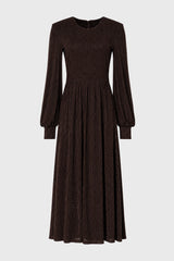 Brown Velvet Striped Waisted Maxi Dress