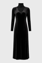 Black Combo Fabric Turtleneck Maxi Dress