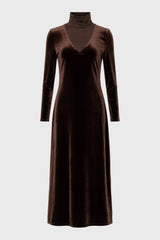 Brown Combo Fabric Turtleneck Maxi Dress