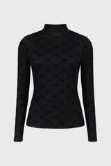 Bow Print Mesh Mock Neck Top