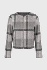 Grey Plaid Wool Feel Zip Up Jacket