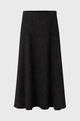 Black Drop-Waist Microsuede Midi Skirt