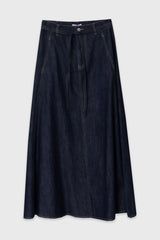 Blue Stitched Denim Flare Maxi Skirt