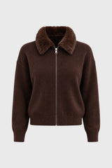 Brown Fur Collar Zipper Sweater