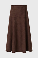 Brown Drop-Waist Microsuede Midi Skirt