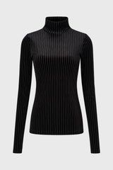 Black Stripe Printed Velvet Turtleneck Top