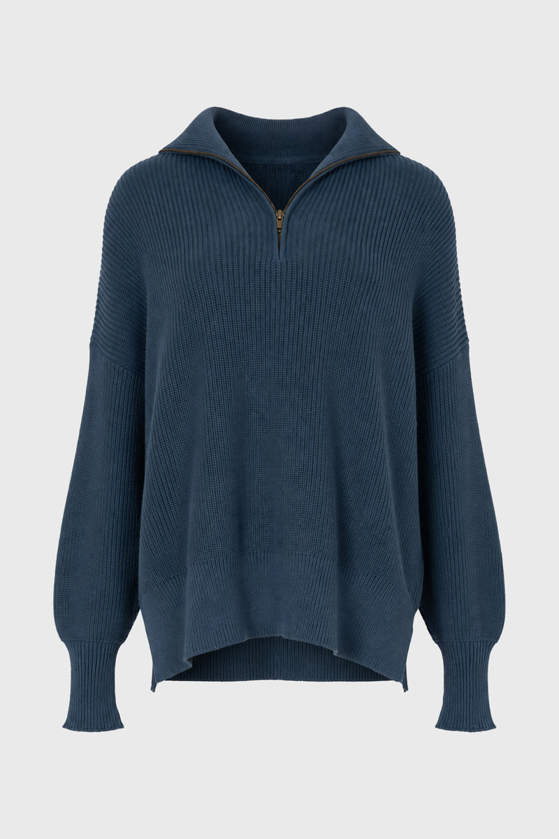 Ruru　ネイビー Teal Ribbed Knit Quarter Zip Sweater – BLANK