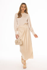 Beige Draped Wrap Maxi Skirt