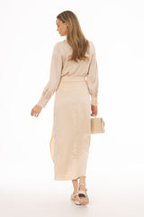 Beige Draped Wrap Maxi Skirt