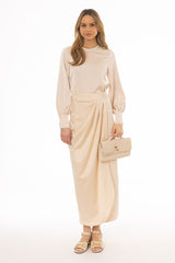 Beige Draped Wrap Maxi Skirt