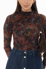 Berry Floral Printed Mock Neck Top