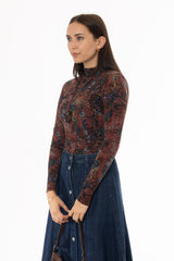 Berry Floral Printed Mock Neck Top