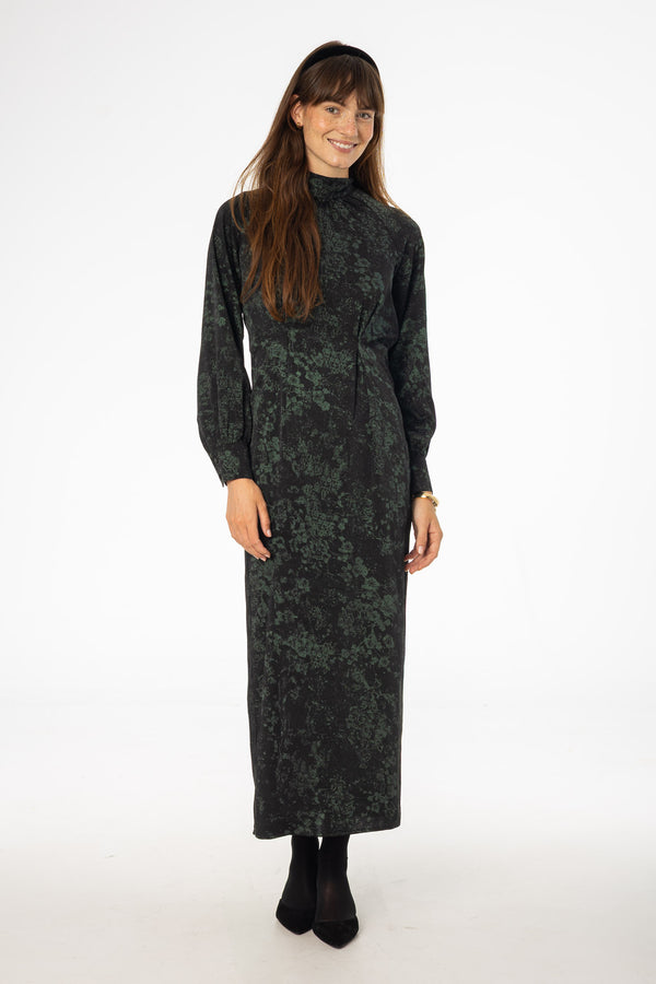 Black & Green Printed Tie Neck Dress