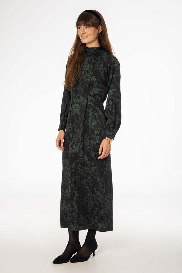 Black & Green Printed Tie Neck Dress