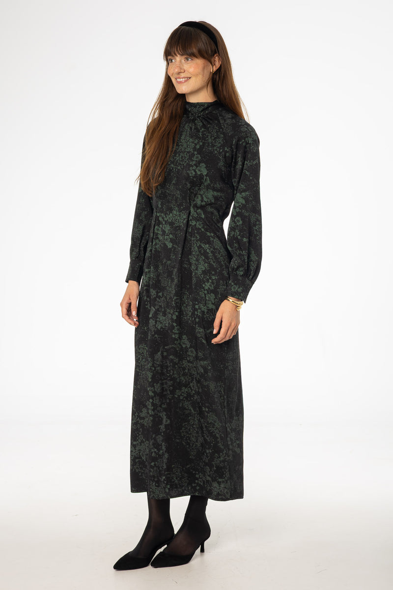 Black & Green Printed Tie Neck Dress