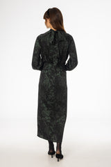 Black & Green Printed Tie Neck Dress