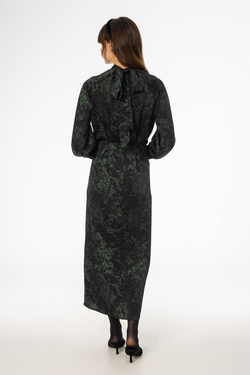 Black & Green Printed Tie Neck Dress
