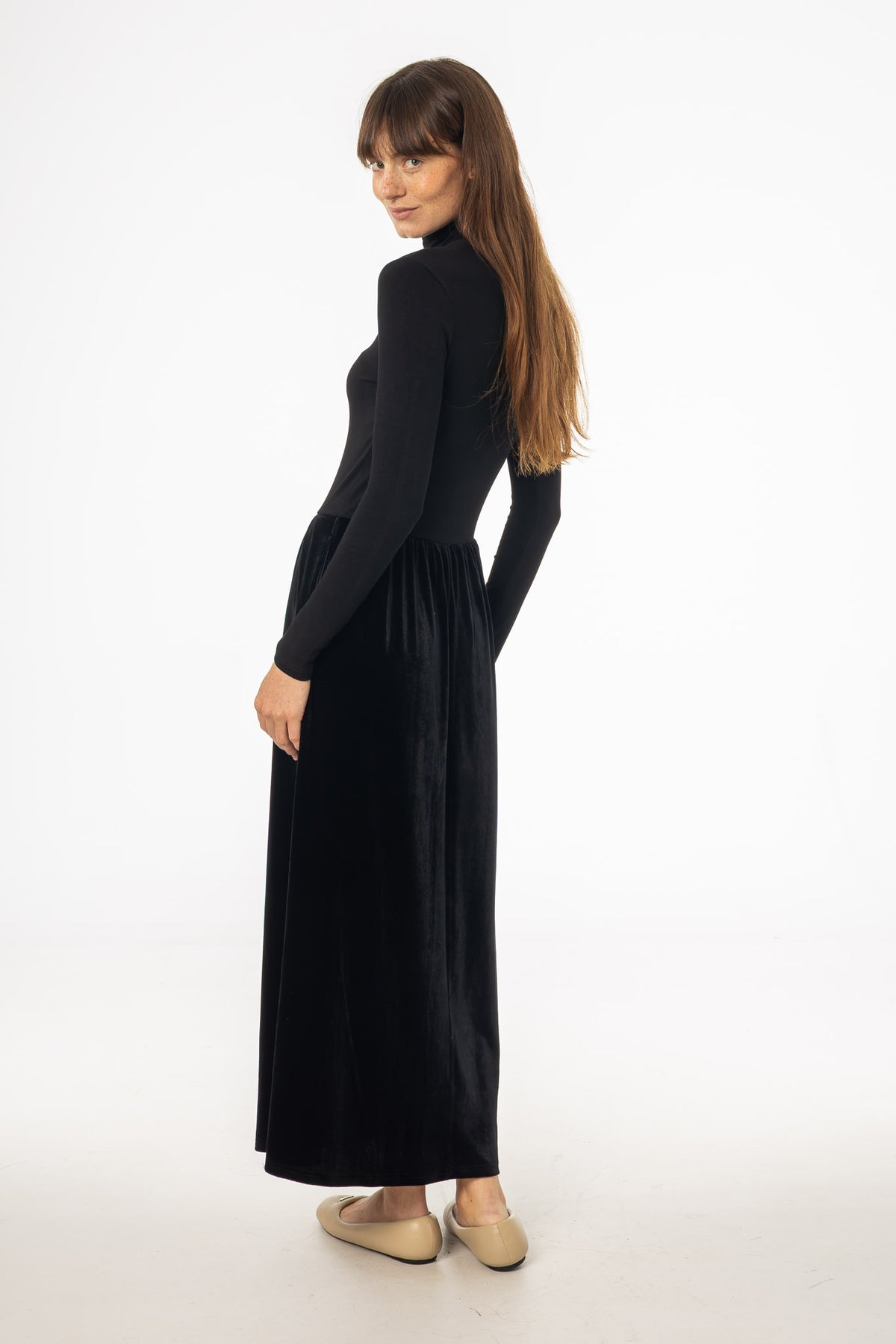 Black Combo Velour Mock Neck Dress  BLANK