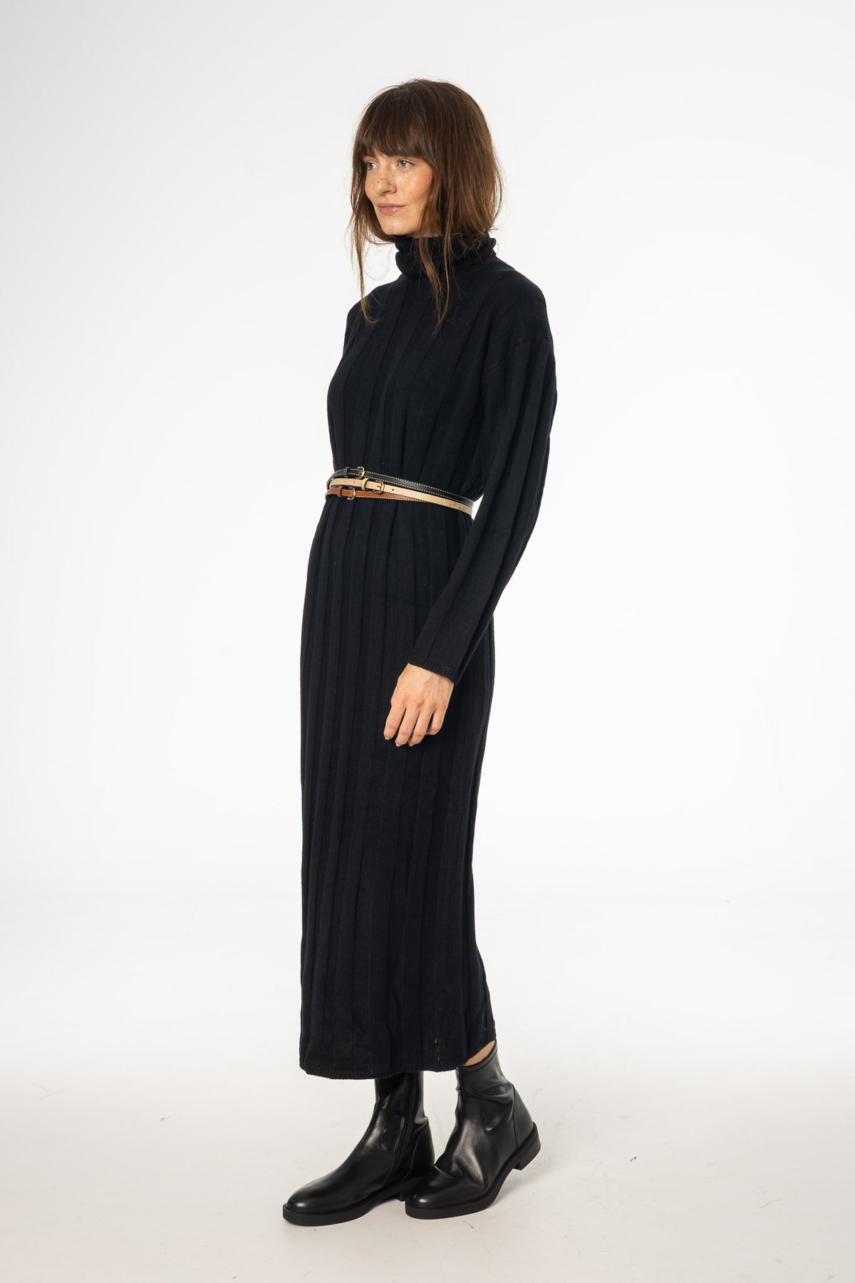 pleated knitted turtleneck maxi dress Black Ribbed Knit – BLANK Season_AW25