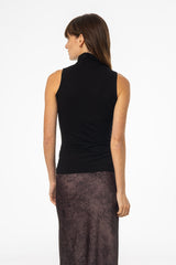 Black Solid Sleeveless Turtleneck Top