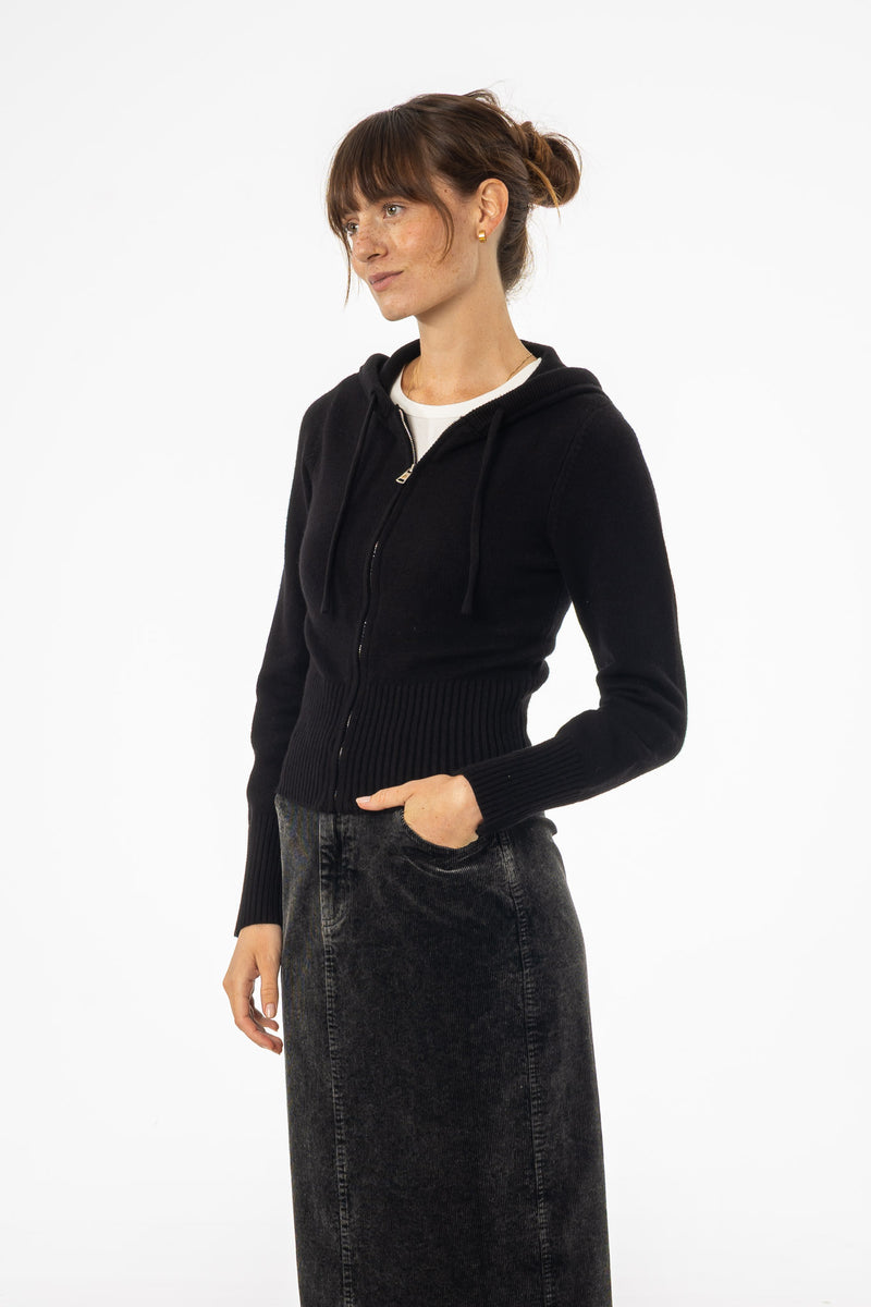 Black Zipper Knit Hoodie