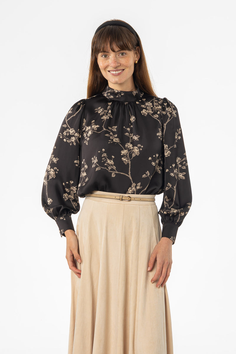 Black & Beige Mock Neck Blouse